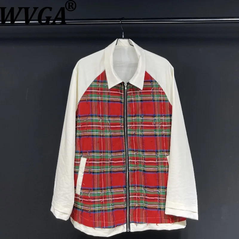 WVGA Spring Autumn New Man Tide Plaid Patchwork Zipper Trendy Long Sleeved Shirts Niche Chic Casual Turn-Down Collar Tops W13581