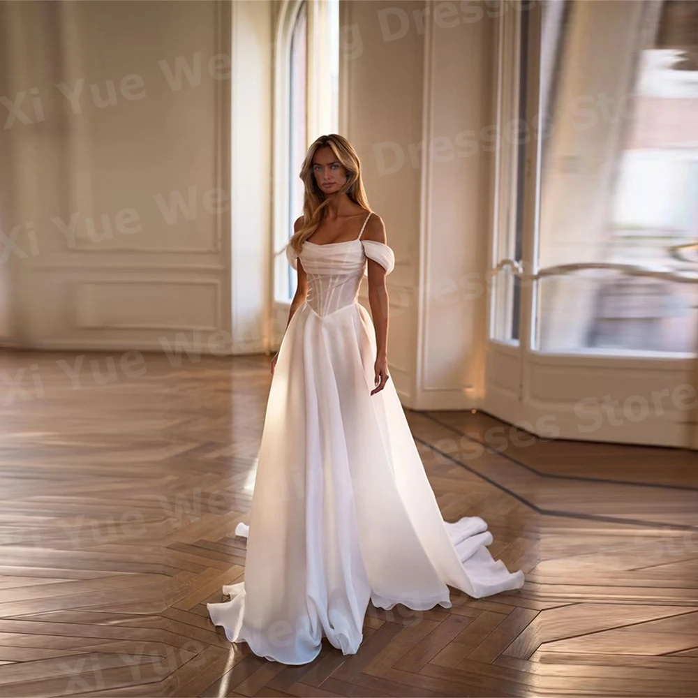 로맨틱 A 라인 여성 웨딩 드레스 오프 숄더 Vestidos De Novias De Boda 신부 가운 맞춤형 민소매 Vestidos