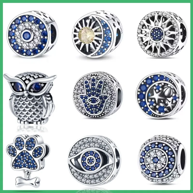 Original 925er Sterlingsilber mit Eulen-Fußabdrücken, Palmen-Teufelsauge-Charm-Perlen, geeignet für DIY-Armbänder, Halsketten, die als Geschenk herstellen