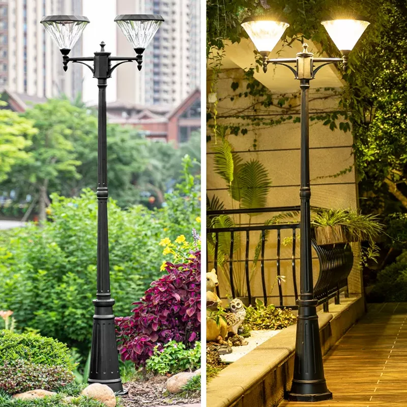 Modern Solar Street Light Outdoor Waterproof Garden Light Villa Courtyard Double Head High Pole (2.3M) Landscape Light 