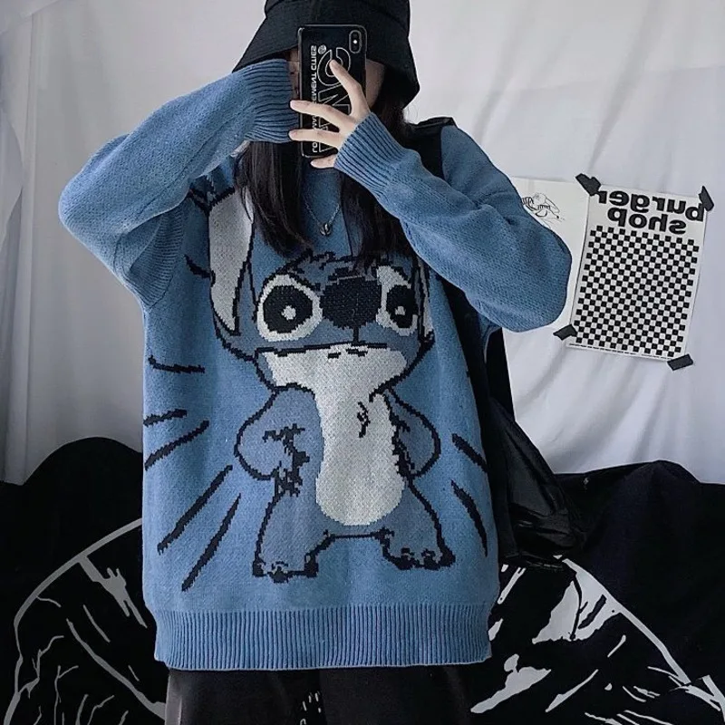 Autumn and Winter Korean New Stitch Knitted Pullovers Cartoon Loose Sweater Women Harajuku Couple Bf Style Knitwear Clothes