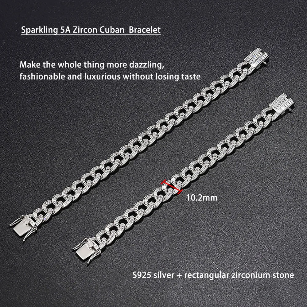 Bracciale cubano scintillante da 10.2mm con zirconi 5A per uomo bracciale rettangolare in argento 925 con diamanti ad alto tenore di carbonio per donna placcato 18K Hip Hop