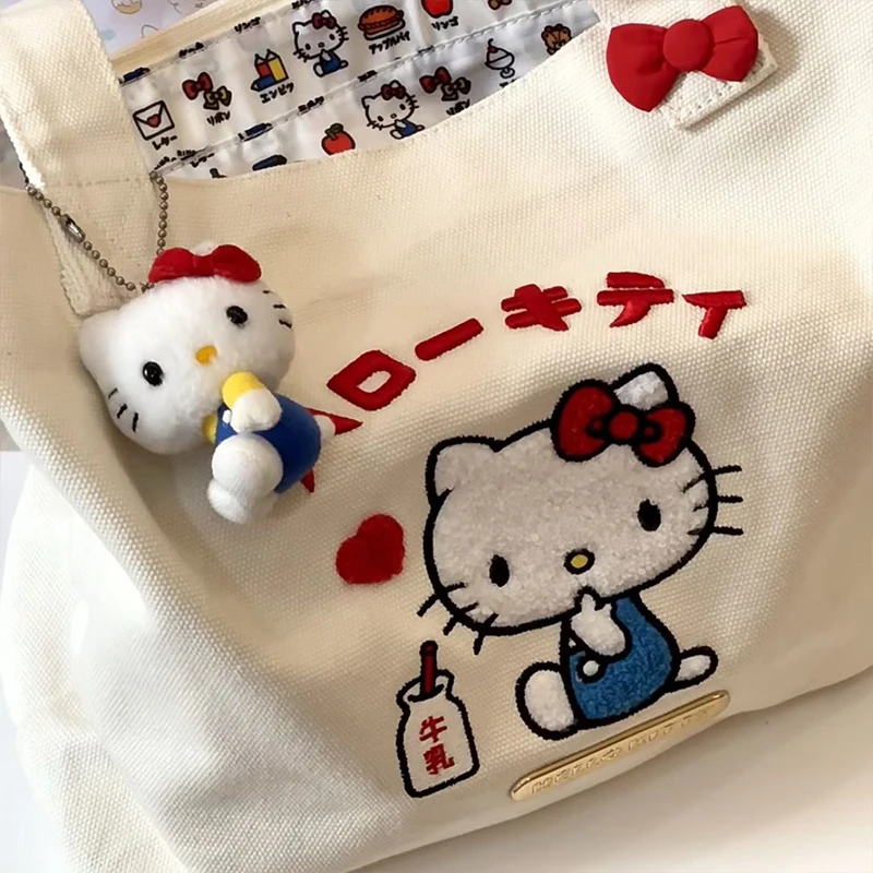 Hello Kitty Sanrio borsa a mano in tela con ricamo carino Kawaii Anime borsa a tracolla borsa per la spesa portatile di grande capacità Tote Bag