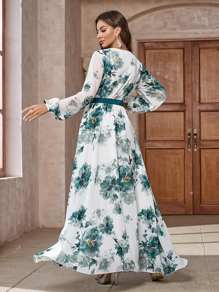 TOLEEN-Women Floral Printed Dress, Lantern Sleeve, Belted Arabic Long Dress, Casual Elegant Dresses, Holiday Fashion,Summer 2024