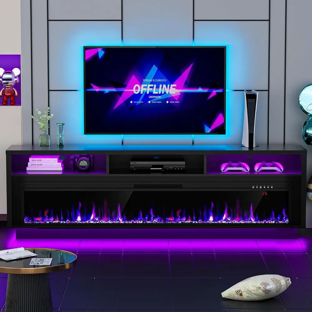 

70 TV Stand Replaced with 64 Electric Fireplace, LED Entertainment Center with Storage, Fits TVs to 80, Perfect for Living Room,