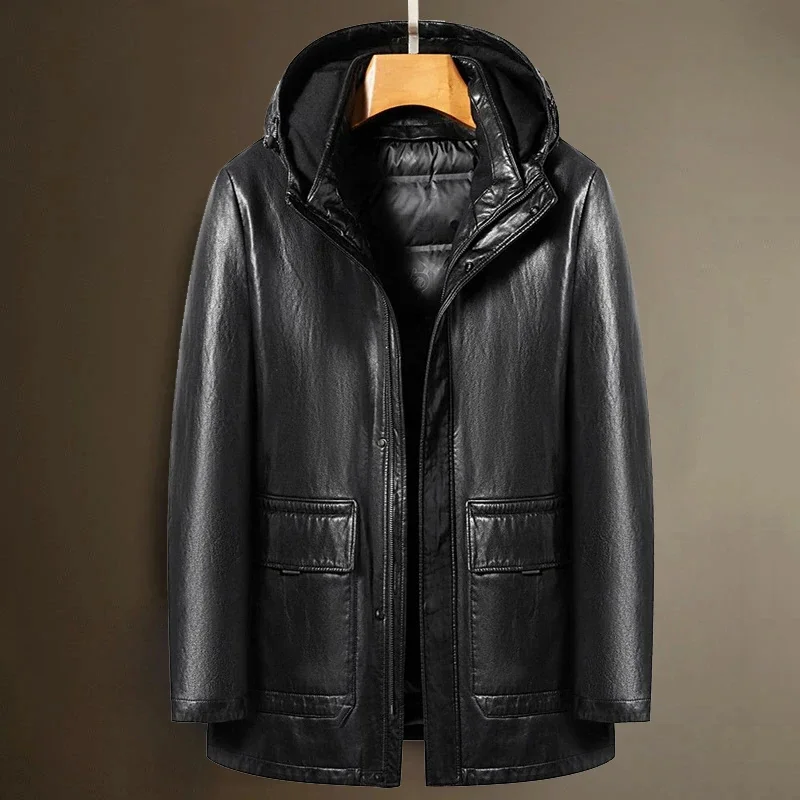 Men's Genuine Leather Jacket Hooded Down Coat Man Sheepskin Windbreaker Male Winter Puffer Men Duck