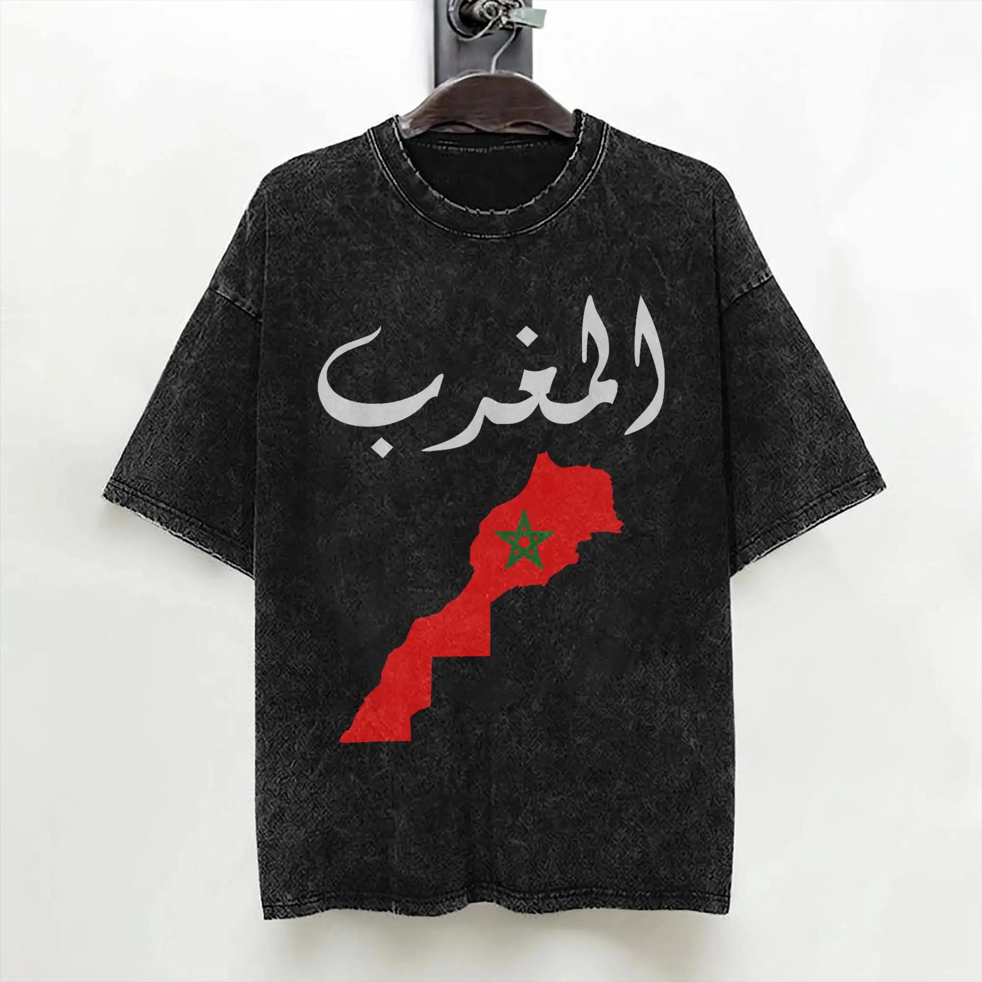 Morocco Moroccan Flag Map Washed T Shirts Streetwear Hip Hop Retro T-Shirt  Tees Men Women Short Sleeve Harajuku Summer