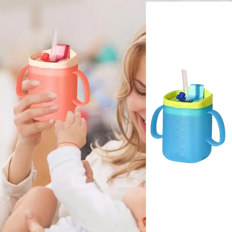 

280ml Baby Water Cup with Easy-Grip Handle Leak-Proof Drinking Cup Feeding Bottle Accurate Scale Baby Feeding Straw for Babies