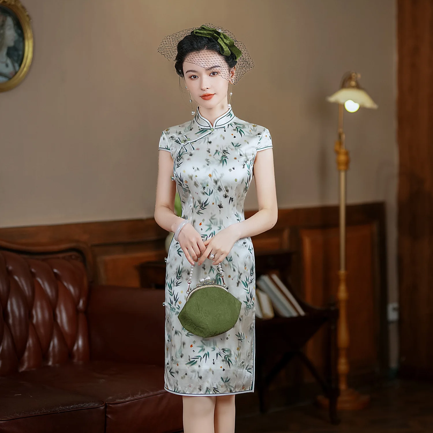 High Quality Real Silk Qipao Cheongsam Top Skirt Fit Hanfu Evening Dress Old Shanghai Waist- Lady