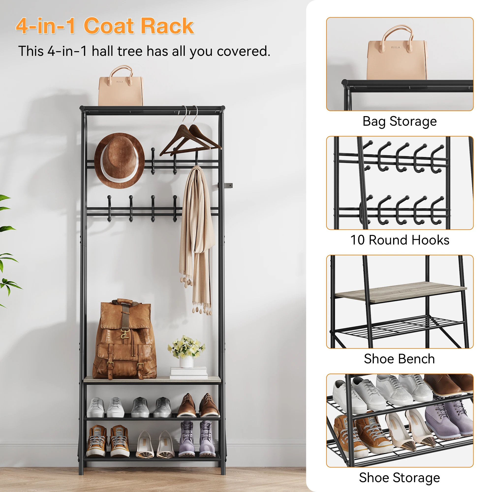 

4-in-1 Hall Trees Entryway Bench with Coat Rack & Shoe Rack, Coat Rack Shoe Bench with Steel Frame Storage Shelf & Hanging Bar