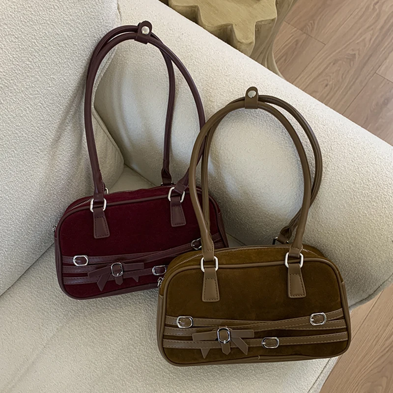 

2025 Autumn/Winter New Style Korean Versatile Bowling Underarm Bag Suede Retro Shoulder Bag Square Handbag Korean Style Simple