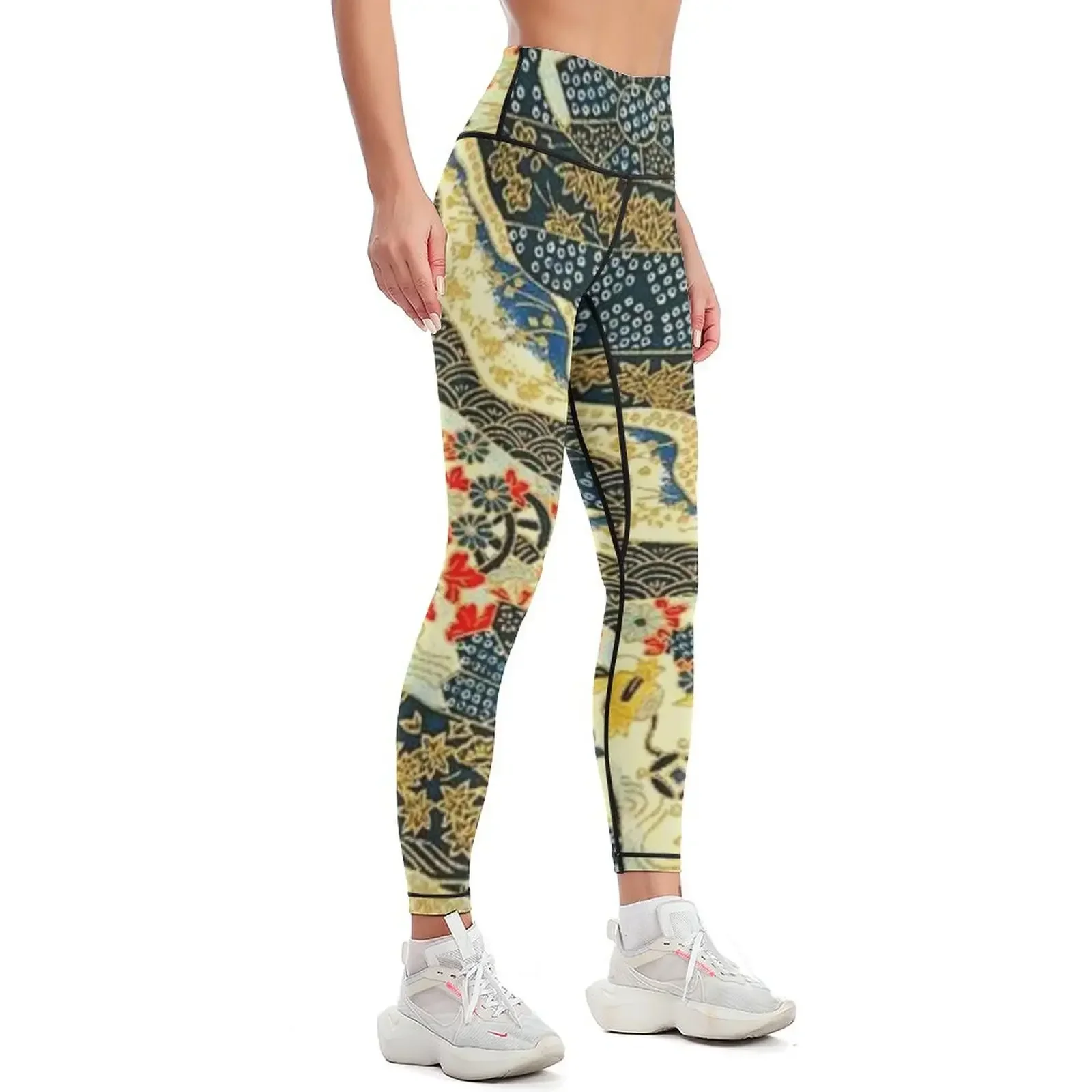 Traditional Japanese Kimono Cherry Blossom Sakura Flowers | Japanese Pattern | Gold Golden Blue and White Leggings 2