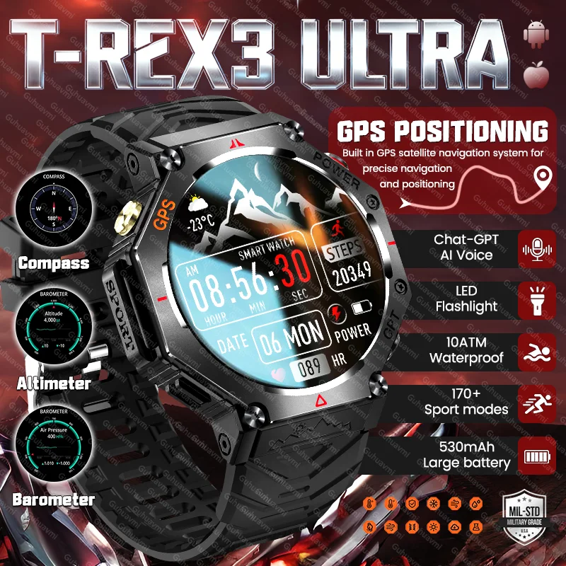 

New Men Outdoor Military T-REX3 GPS Smart Watch Altimeter Barometer 530mAh Battery 10ATM Waterproof Bluetooth Call HD Smartwatch