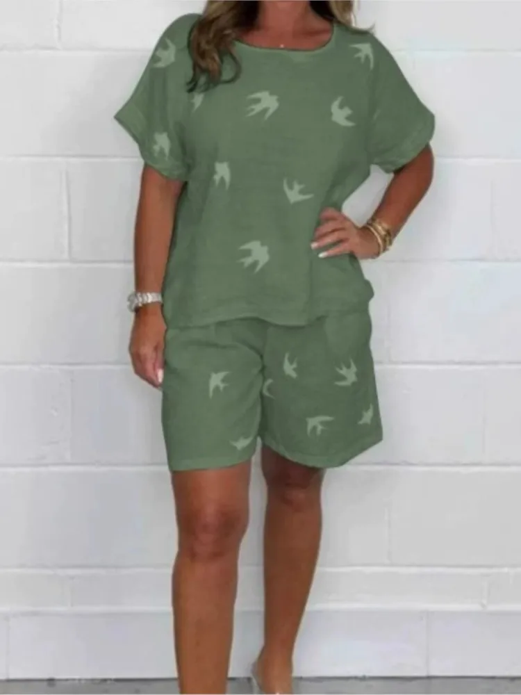 

Women's Casual Two-piece Sets 2025 Summer New Fashion Print O-neck Short Sleeve Top Shorts Suit Ladies Loose 2 Piece Set Outfit
