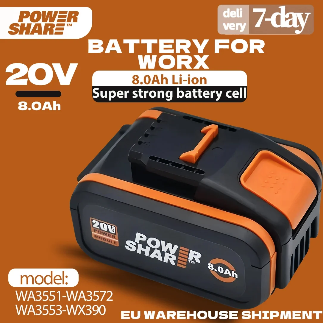 Batterie d'origine rechargeable au lithium 20 V 8,0 Ah - WA3553 WA3551 WA3553.1 WA3570 pour tous les outils WORX