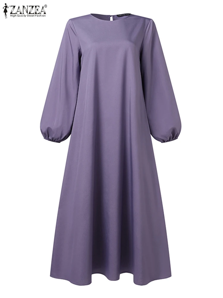 ZANZEA Casual Solid Maxi Robe Spring Muslim Dress Long Sleeve O-Neck Dresses Woman Stylish Loose Sundress Abaya Kaftan 2023