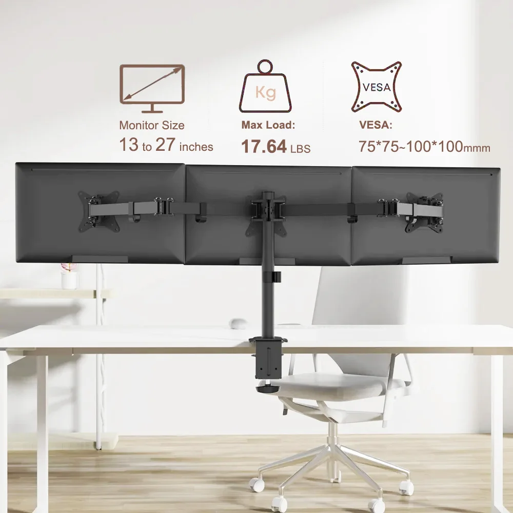 Soporte de escritorio para 3 monitores para pantallas de computadora, se adapta a 13-27 pulgadas, capacidad para hasta 17 libras, brazo triple para monitor, soporte giratorio para monitor de alta resistencia