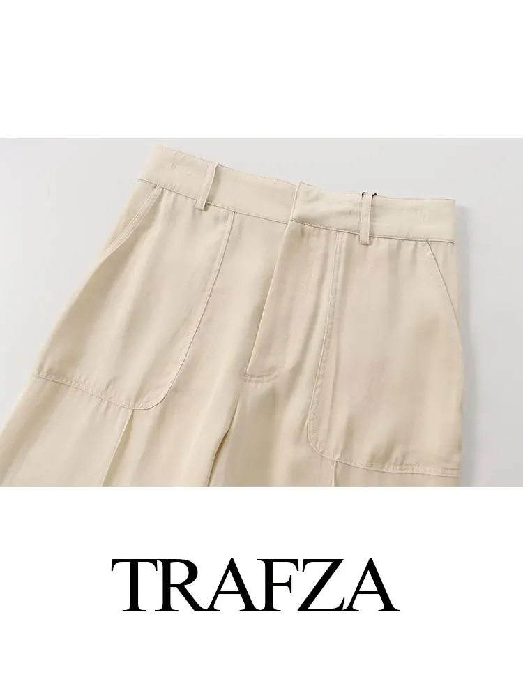 TRAFZA-Blazer de manga comprida feminino e calça comprida de perna larga, conjunto Casacos na moda, moda verão, 2022