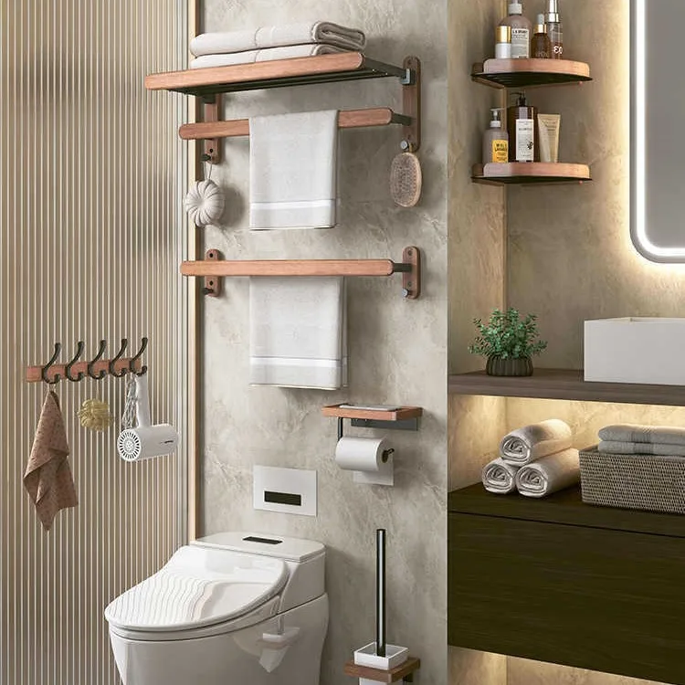 Walnut towel rack no punch bathroom shelf toilet wall mounted washroom storage organizer bath towel holder bathroom accessories