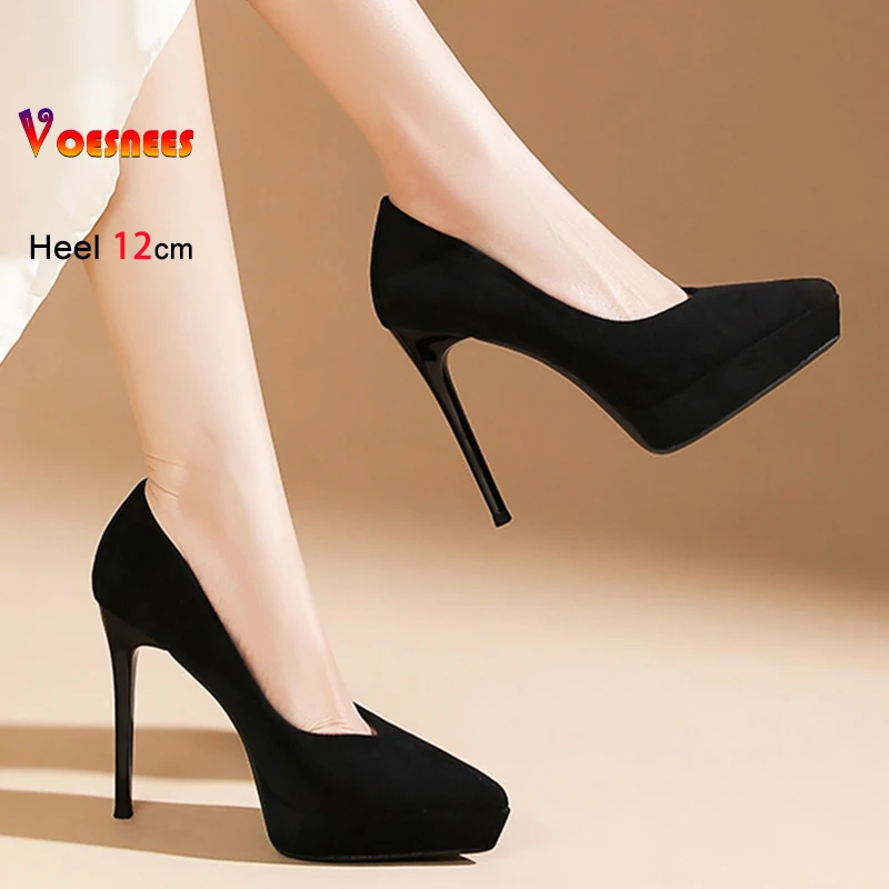 

12CM Stiletto Suede Pointed Shallow Single Shoes For Women Platform Thin High Heels Spring Summer Office Work Basic Female Pumps