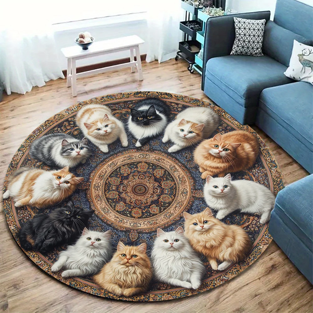 Vintage Kitten Round Rug, Machine Washable Non-Slip Mat for Office Chair, Bedroom, Desk Decor, Cute Animal Design
