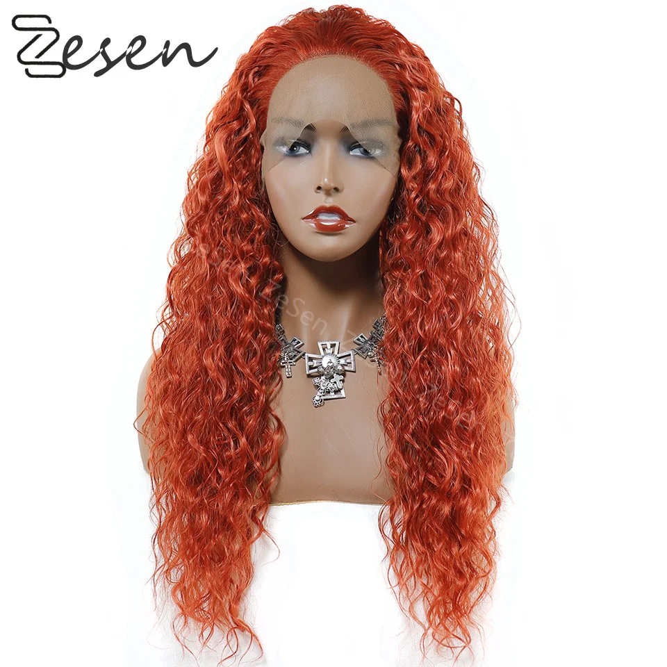 26 Inches Gember Oranje Lange Losse Krullend Synthetische Pruiken Lace Front Pruik Voor Zwarte Vrouwen Diepe Golf Dagelijks Cosplay Warmte slip