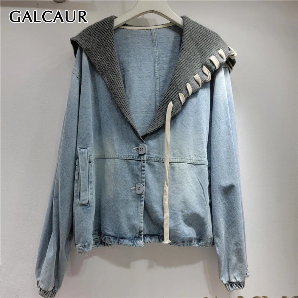 

GALCAUR Blue Spliced Lace Up Chic Jacket Female V Neck Long Sleeve Loose Basics Women's Jackets Fashion Summer Style New Clothes