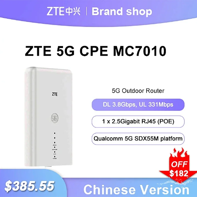 

ZTE MC7010 Outdoor 5G Wifi6 CPE Router Wireless Wifi Mobile Hotspot with Power Cable Port 5G 2.4G & 5G White Unlocked 1200 Mbps