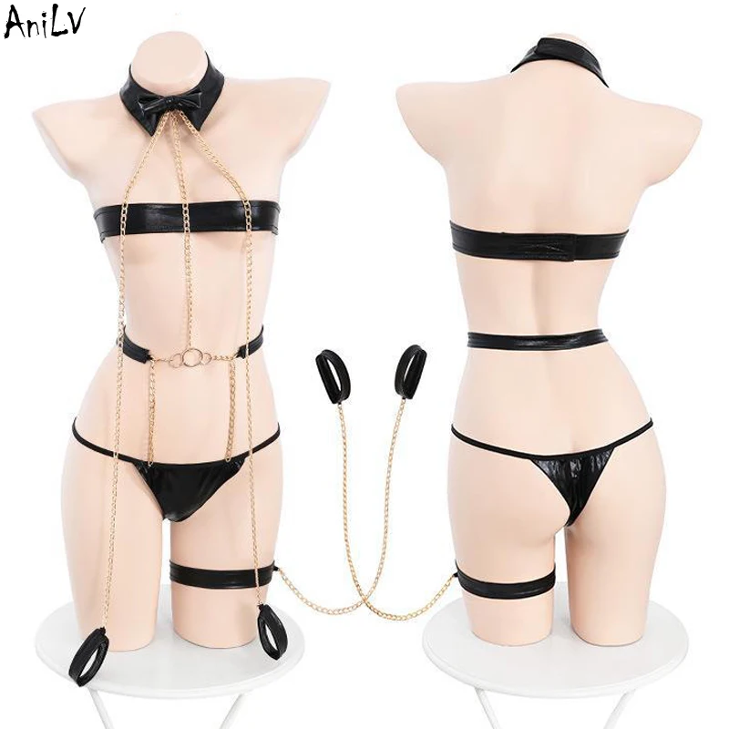 AniLV Women Chain Leather Strap Bikini Uniform Underwear Pajamas Outfit Cosplay Costume