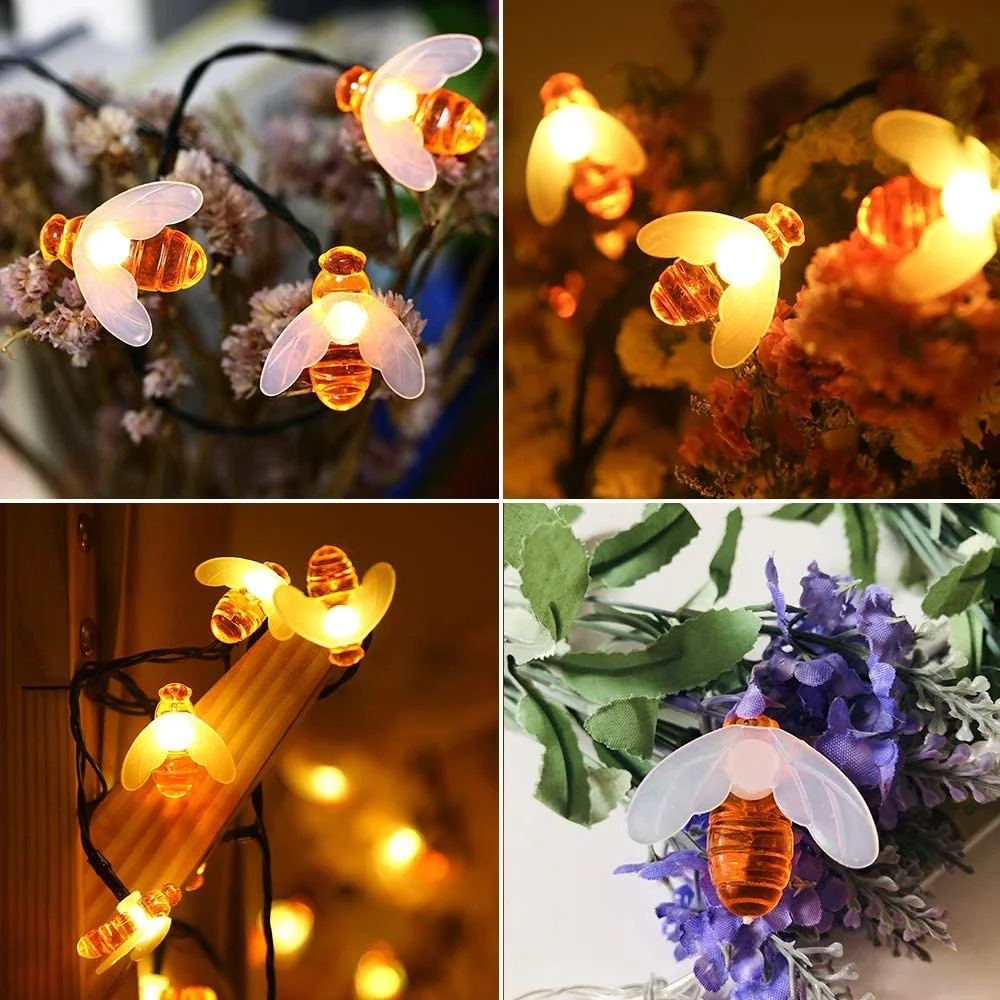 30LED ไฟประดับผึ้งพลังงานแสงอาทิตย์กลางแจ้ง 21.3 ฟุต 8 โหมดสีขาวนวลกันน้ำงานแต่งงานตกแต่งงานปาร์ตี้คริสต์มาส