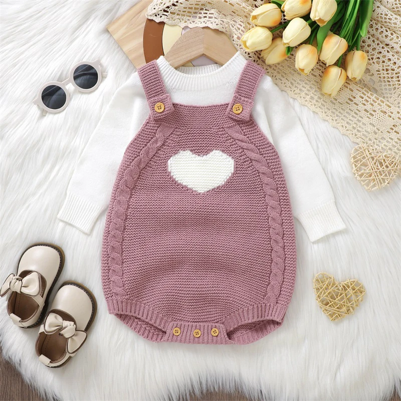 

New Born Infant Baby Girls Clothes Sleeveless Suspender Romper Love Knitted Sweater Bodysuit Spring Pink Clothes