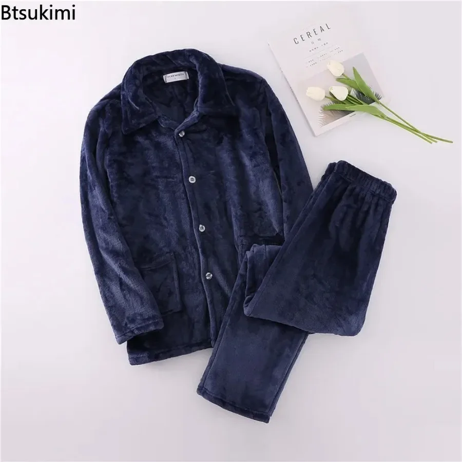 Men's Thicker Warm Pajama Sets Autumn Winter Coral Velvet Long Sleeve Sleepwear Sets Men's Pyjama Homewear Clothes Coats+Pants