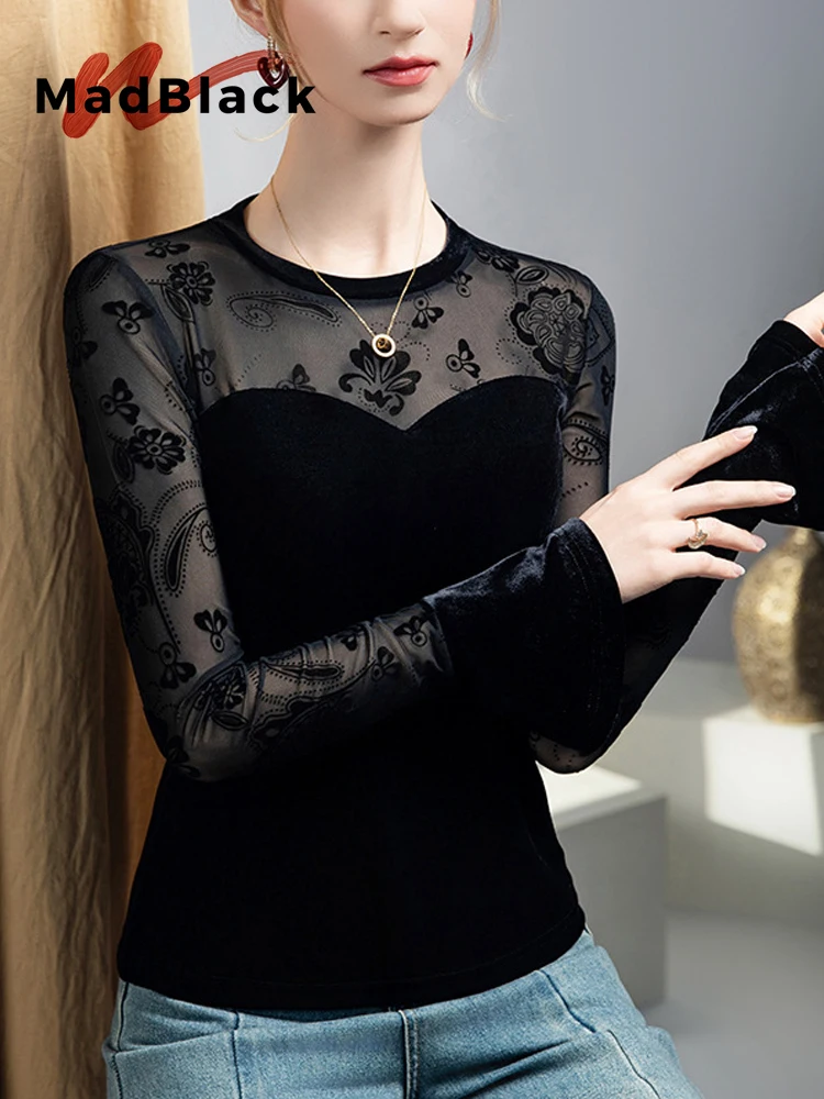 

MadBlack-Women European Velvet T-Shirt, Sexy O Neck Embroidery, Fashion Long Sleeve Sheer Slim S-3XL Tee, 2025 Winter T5D157CC