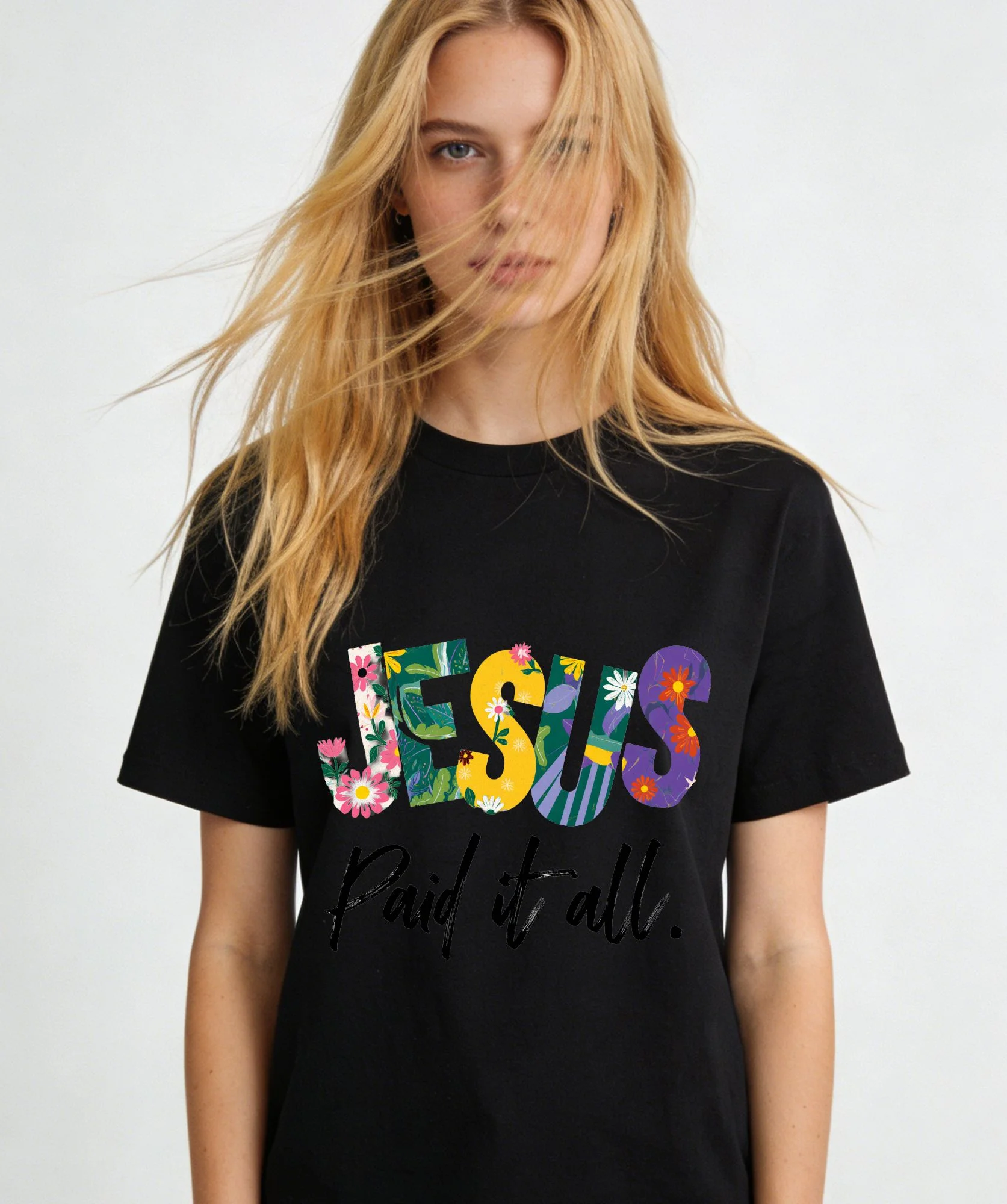 Floral Tropical Print Oversized Black T-Shirt Bold Religious Streetwear Tee Crew Neck Summer Breathable Top for Women