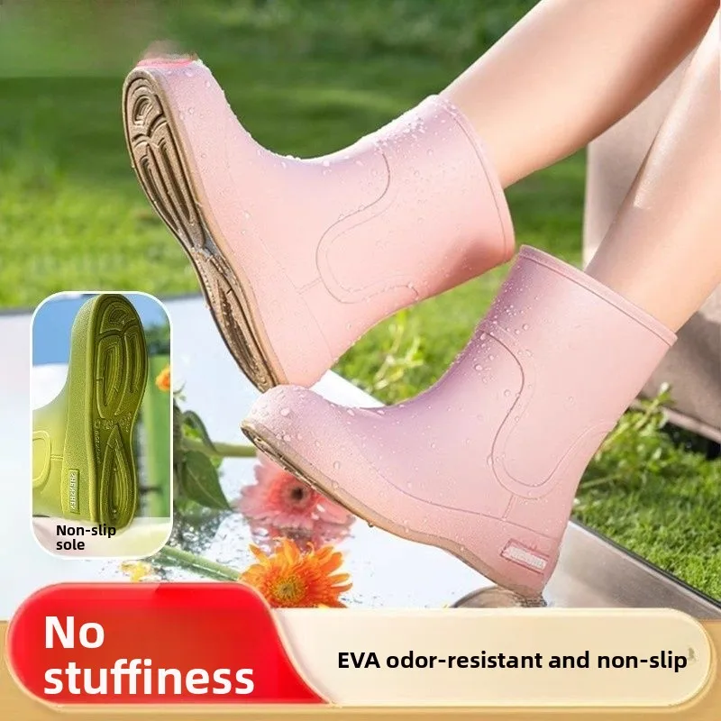 

Women's Thiened Rain Boots Waterproof Kitchen Slippers Outdoor Wear Mid-Calf Faionable Adult oes Anti-Slip Rubber