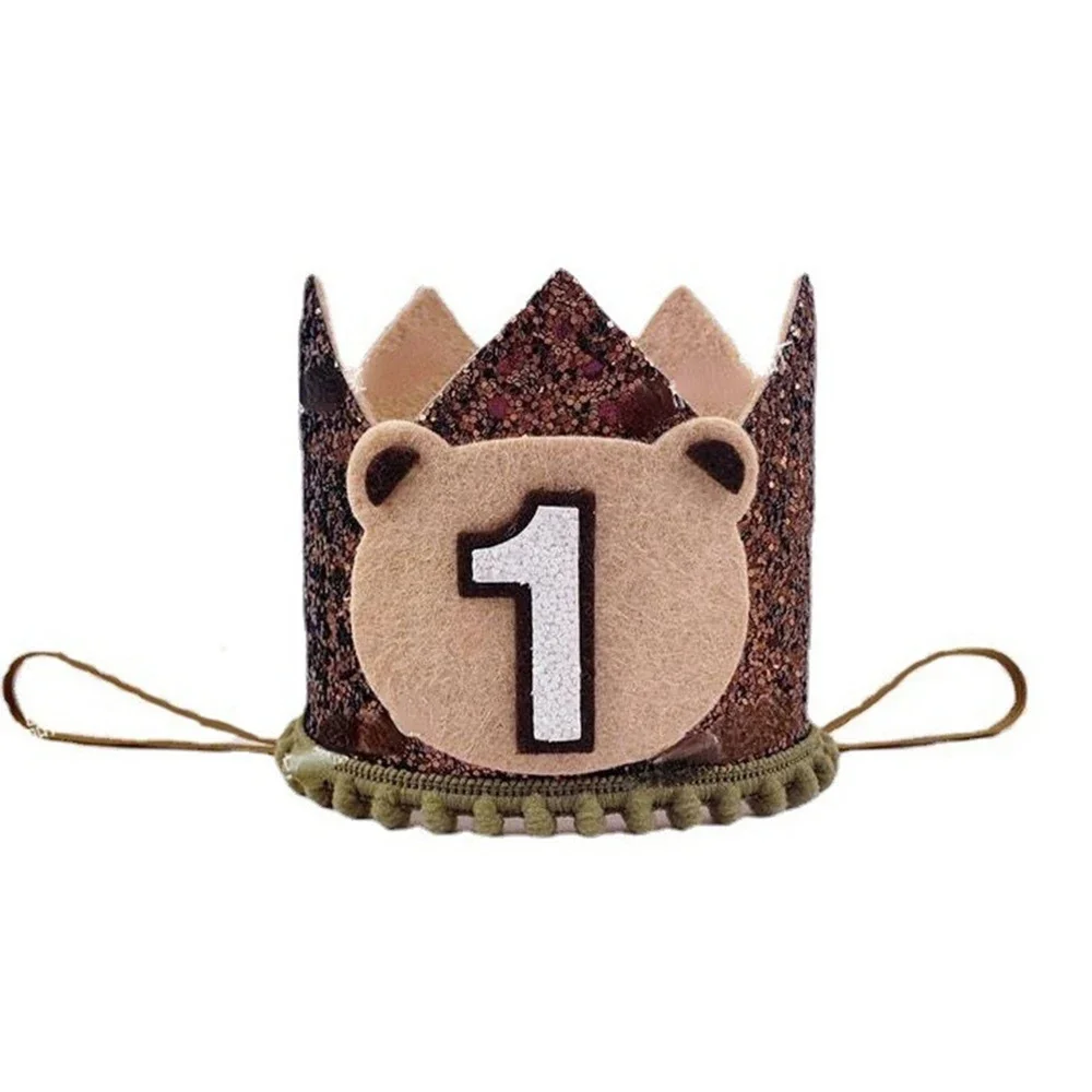 Teddy Bear One Year Felt Crown Birthday Party Hats Cartoon Animal Little Bear Hat Kids Boys Happy 1st Birthday Party Decorations