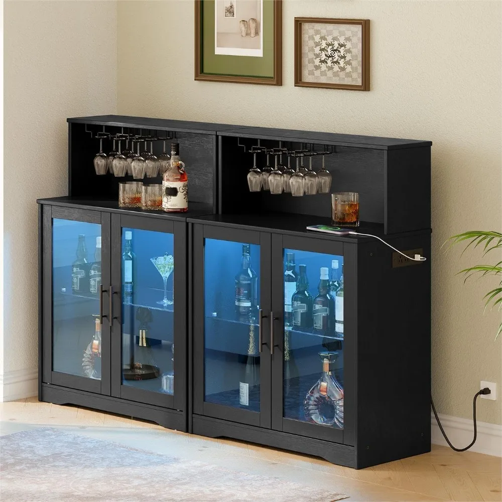 Wine Bar Cabinet with LED Light, Home Coffee Cabinet with Wine & Glass Rack, Freestanding Liquor Cabinet with Power