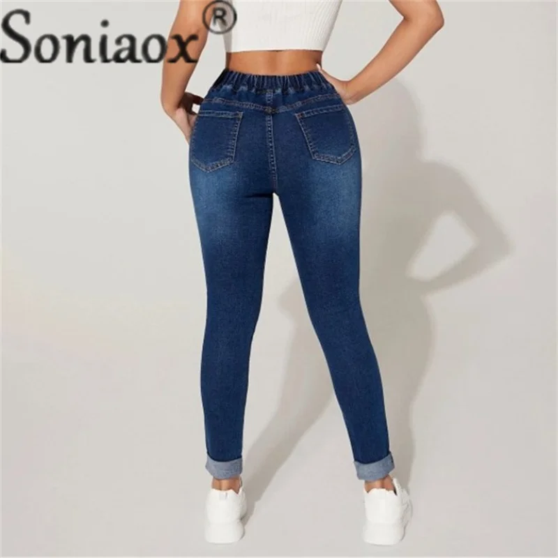 Calça jeans feminina de lápis com bolsos duplos, cintura elástica, com renda, calça de nove minutos, jeans feminina, moda