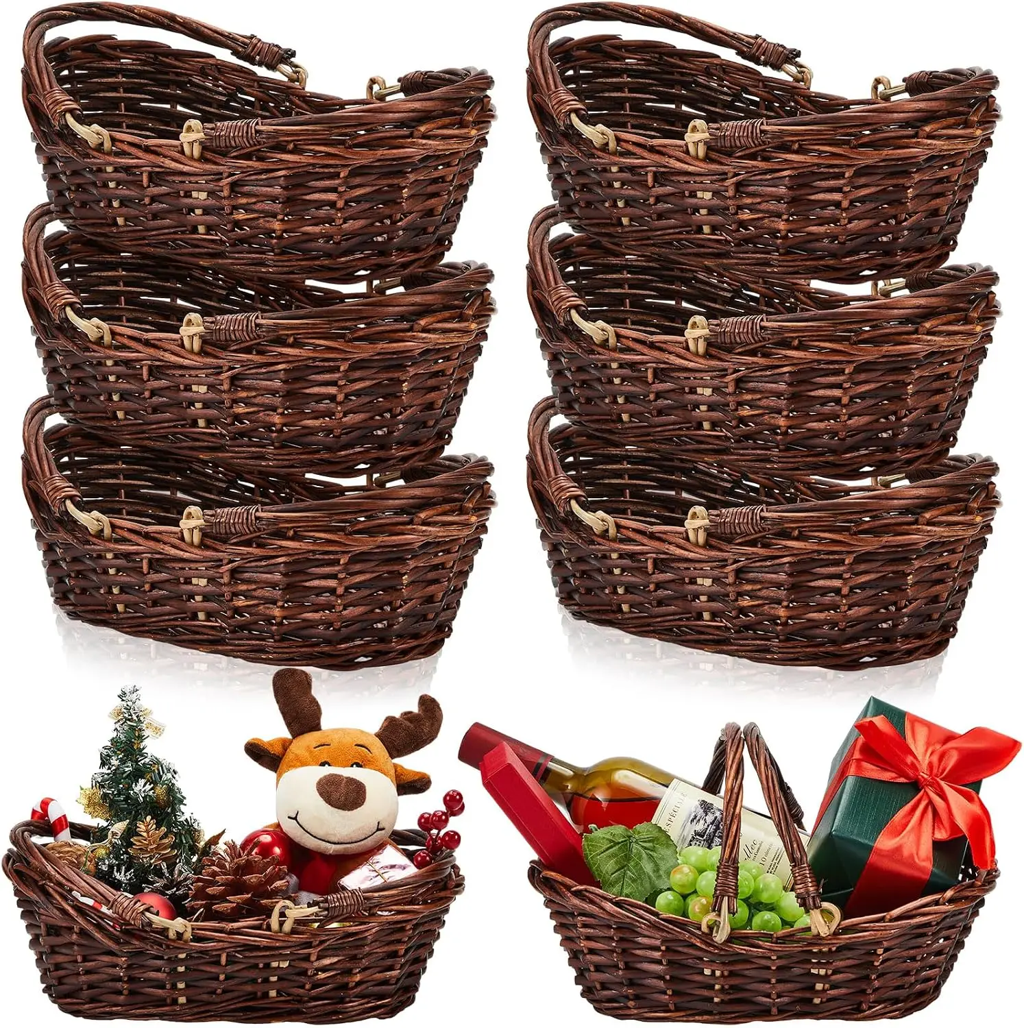 Wicker Picnic Basket Countertop Display Organizer Holder Storage Rack Frame Willow Woven Storage Gathering Basket Fruit Egg Storage Wedding Party Decorative Container Dark Brown Six Pack