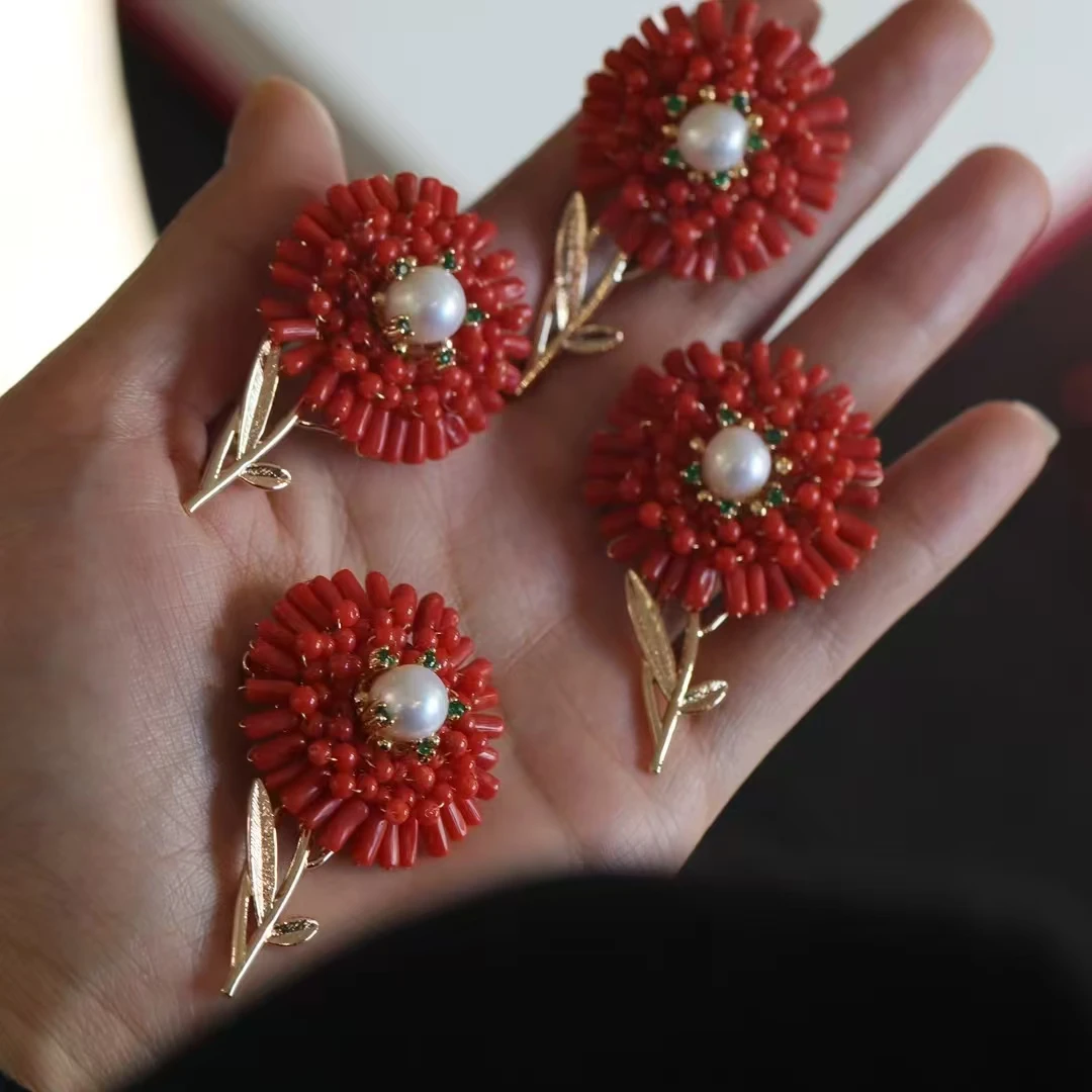 1pcs/lot Natural Red Coral Brooch pendant blossoms Elegant and classic Handmade craft complex vogue Gifts for women