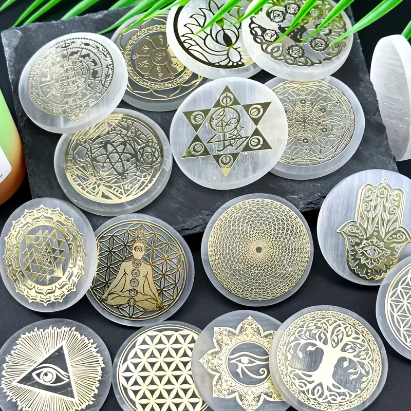 6 سنتيمتر الكريستال الطبيعي السيلينيت شريحة بلاطة الجبس الأبيض ، حجر السيلينيت الطبيعي كريستال القرص ، لوحة شحن السيلينيت