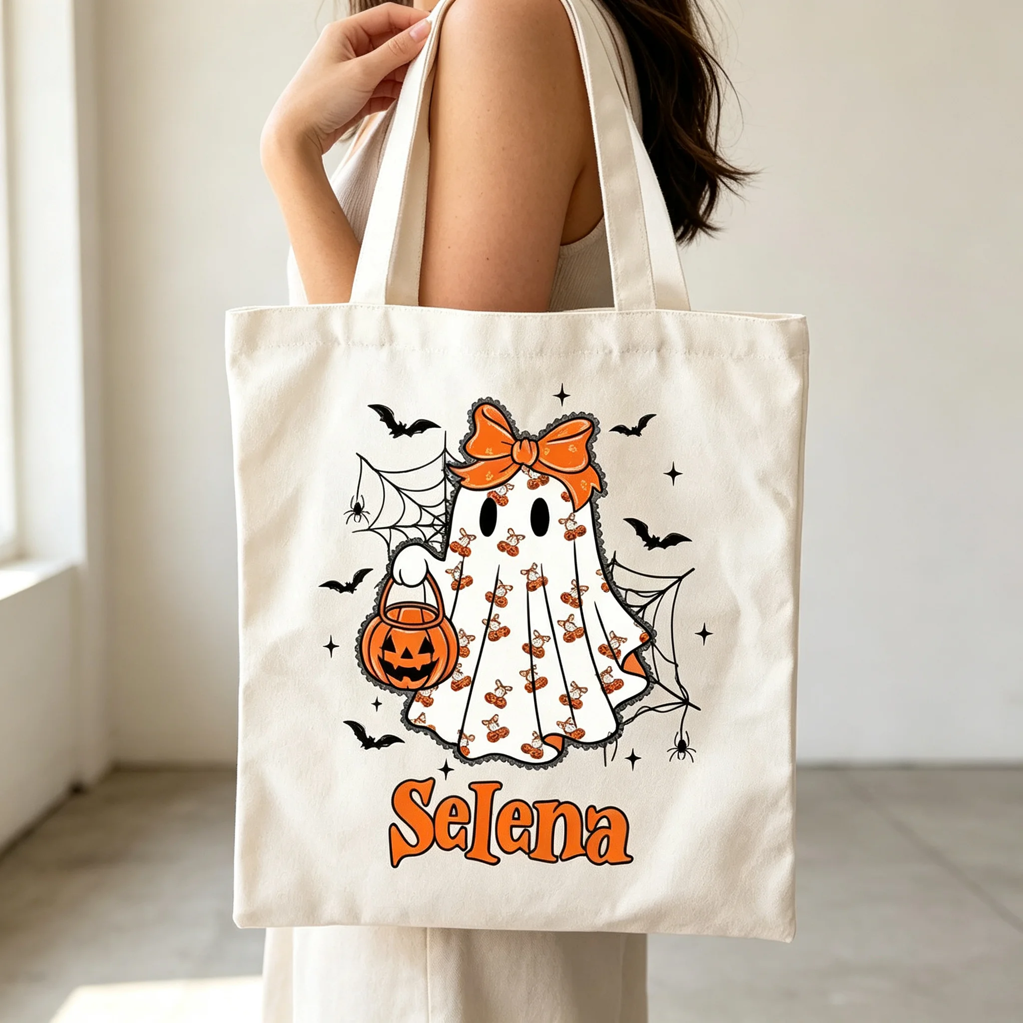 Personalized Halloween Ghost Canvas Tote Bag Custom Name Pumpkin Trick or Treat Candy Shoulder Bag for Girls Kids Gift