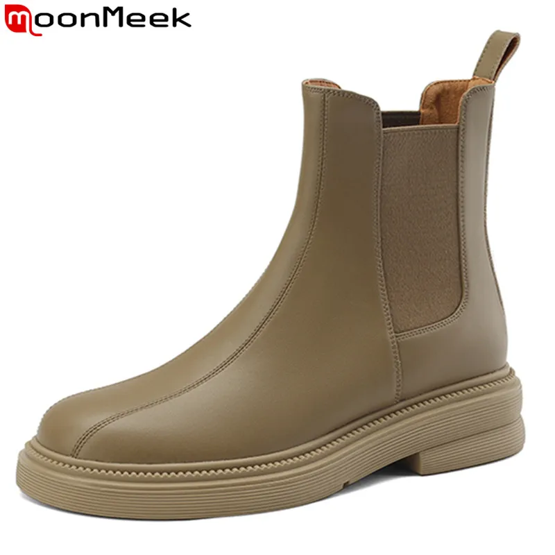 

MoonMeek 2023 New Genuine Leather Ankle Boots Slip On Ladies Winter Autumn Chelsea Boots Platform Thick Med Heels Women Boots