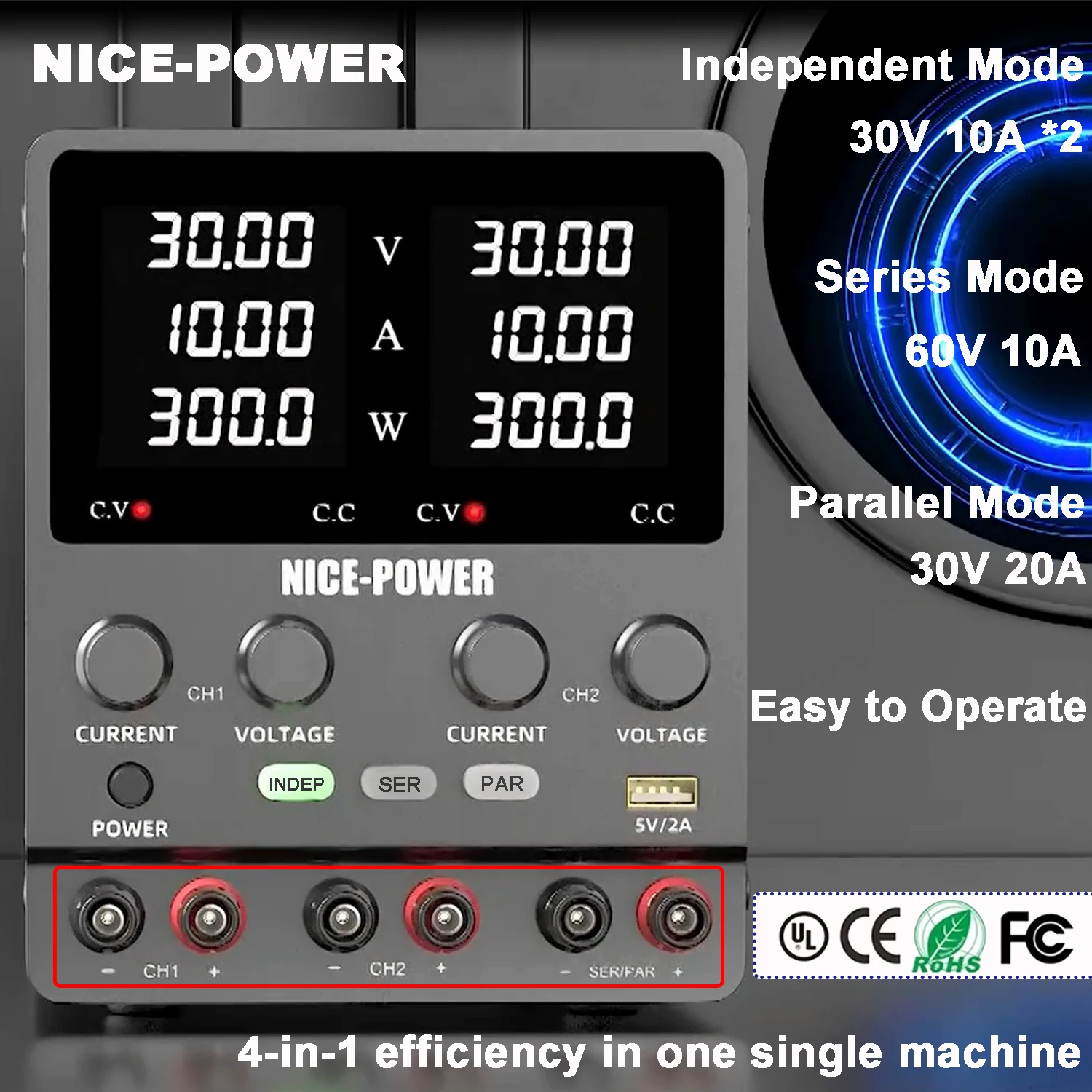 NICE-POWER 3 Ways Lab Power Supply Adjustable 30V 10A 20A Teaching Power Source 48V 120V 240V One-key Series Parallel USB Output