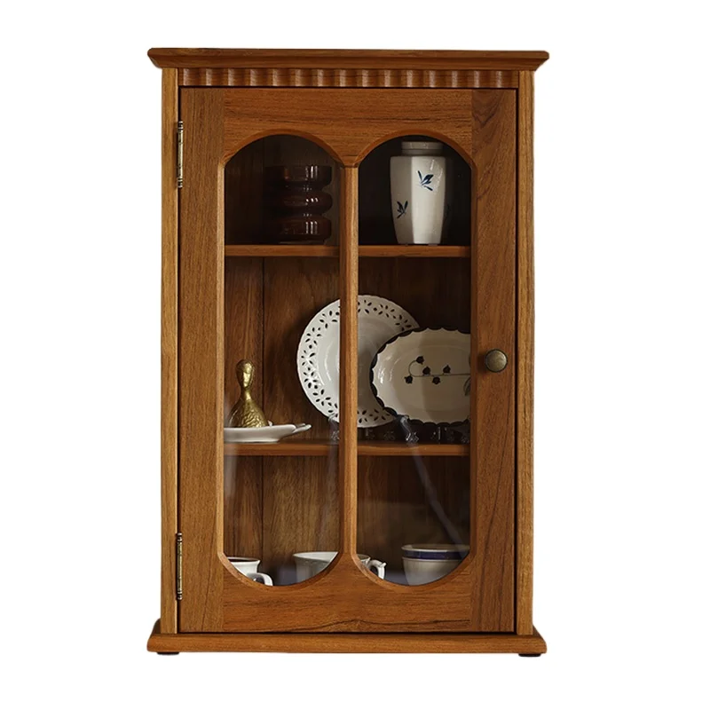 

Teak wall cabinet, French retro style, all solid wood wall cabinet, hand-made porcelain display, living room storage