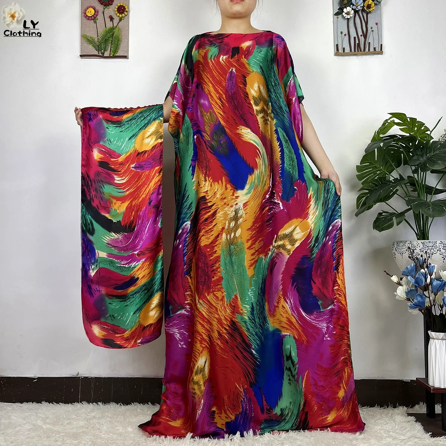2023 New African Fashion Short Sleeve Colored Pattern Dubai Women Summer Real Silk Soft Printing Loose Tradition Muslim Dress