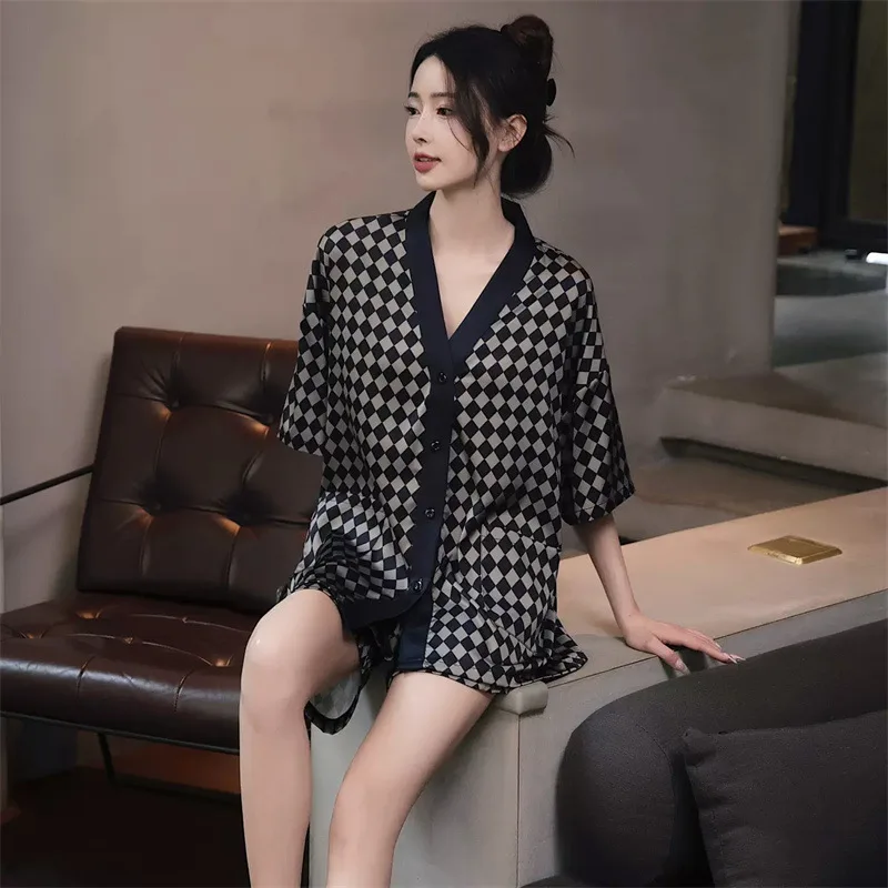 2025 Spring Autumn Fashion Square Couple Ice Silk Pajamas Women Short Sleeve Pants Two Piece Set Nightgown Sleepwear Homesuit