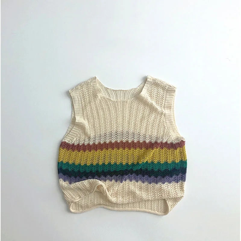 Summer New Cool Children Knitted Hollow Rainbow Striped Vest Caidigan Sleeveless Breathable Kids Tee Tops Vest