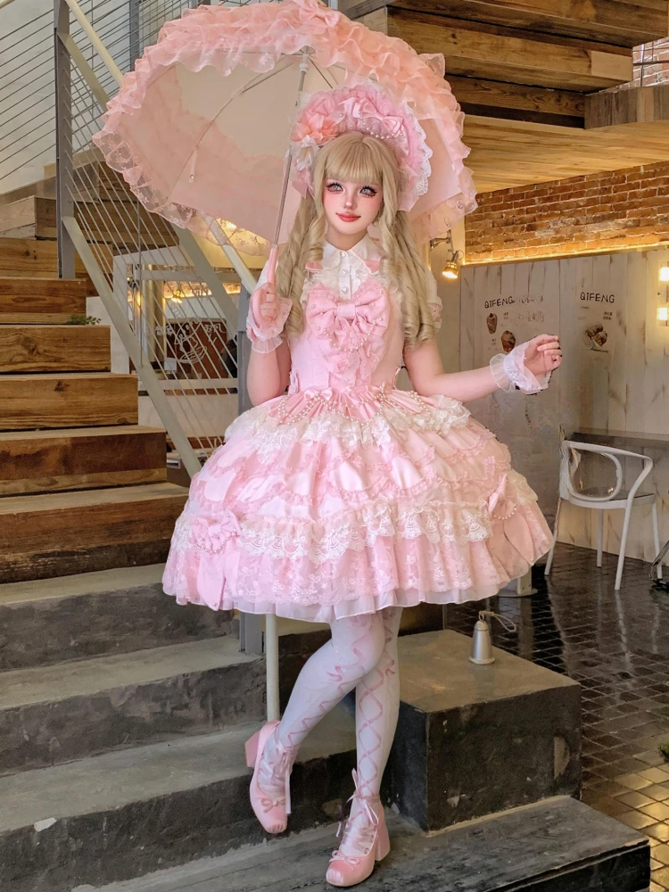 Industrie lourde magnifique princesse robe de fête d'anniversaire 3D arc perle chaîne dentelle épissage doux mignon rose Lolita robe courte femmes