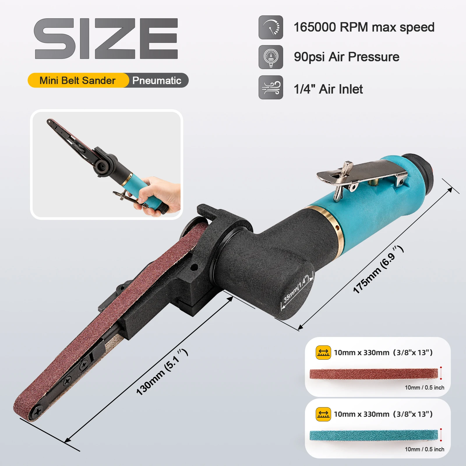 330x10mm Mini Pneumatic Belt Sander Pneumatic Tool with 12pcs Belts 60/80/120 Grit For Aluminium Iron Steel Etc Metal Polishing